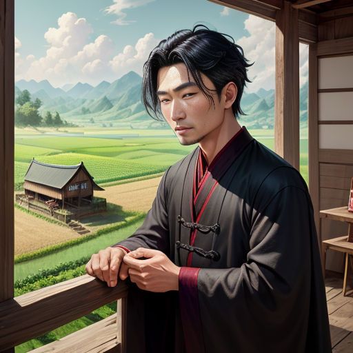 a man standing next to a window with a painting of a farm in the background and a house in the background