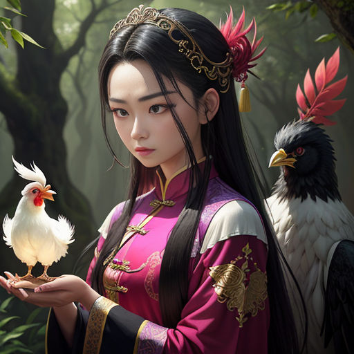 a woman holding a bird in a forest with a bird on her hand and a bird on her arm