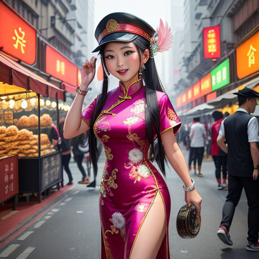 a woman in a chinese dress is walking down the street with a hat on her head and a purse on her hip