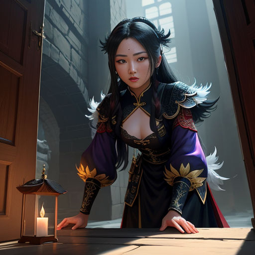 a woman in a costume standing in front of a table with a lantern on it and a lantern in the background