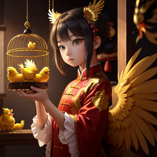 a girl holding a tray with yellow chicks in it and a cage with yellow chicks in it, with a dark background