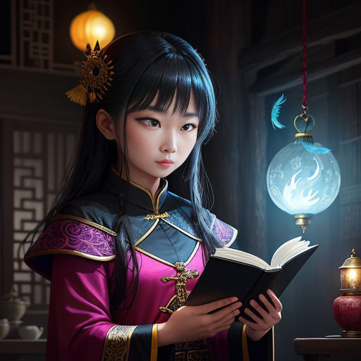 a woman in a chinese costume reading a book in a room with lanterns and lanterns hanging from the ceiling