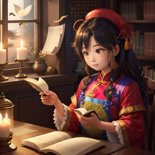 a girl in a chinese costume reading a book and holding a candle in her hand while sitting at a table