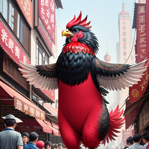 a large bird with a red body and black wings standing in a crowded street in a city with tall buildings