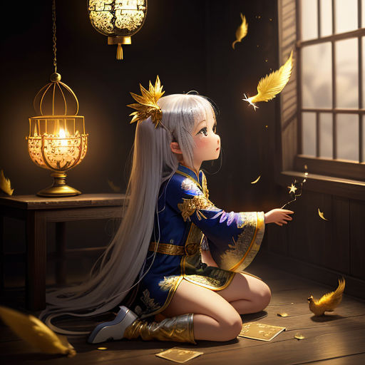 a girl in a blue dress sitting on a floor with a bird flying around her and a lantern hanging from the ceiling