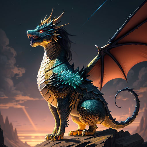 a dragon with a long tail standing on a rock in the night sky with a bright orange glow on its face