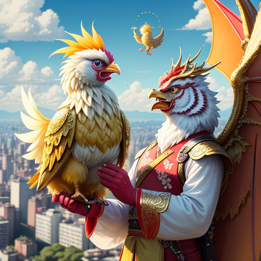 a man holding a bird next to a bird statue on top of a building in a cityscape