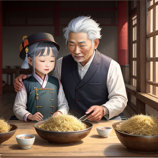 a man and a little girl are preparing food together in a room with wooden floors and windows, and a man is holding a spoon and a bowl of rice