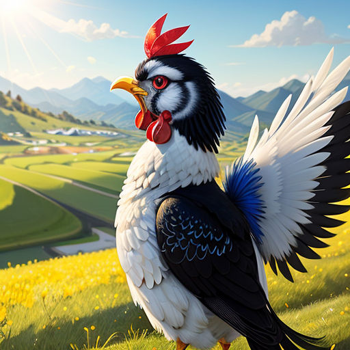a rooster with a red and white comb stands in a field of grass and flowers, with a mountain in the background
