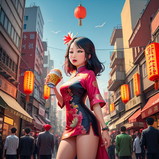 a woman in a chinese dress holding a cup of coffee in a crowded street with chinese lanterns overhead and people walking around