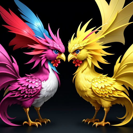 two colorful roosters facing each other on a black background with a black background and a black background with a white background