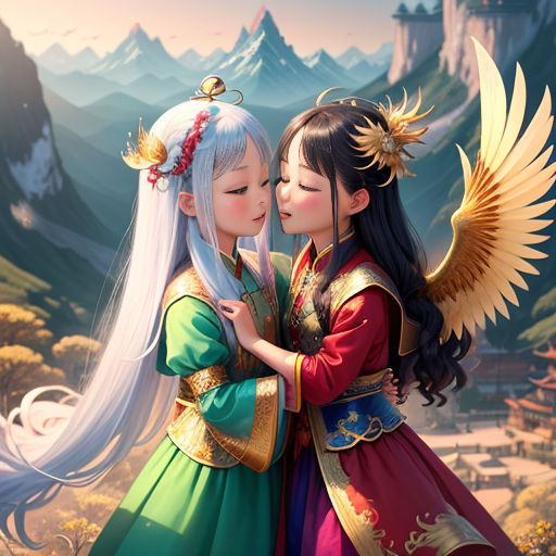 two asian girls dressed in traditional chinese clothing, one of them is kissing the other is wearing a veil