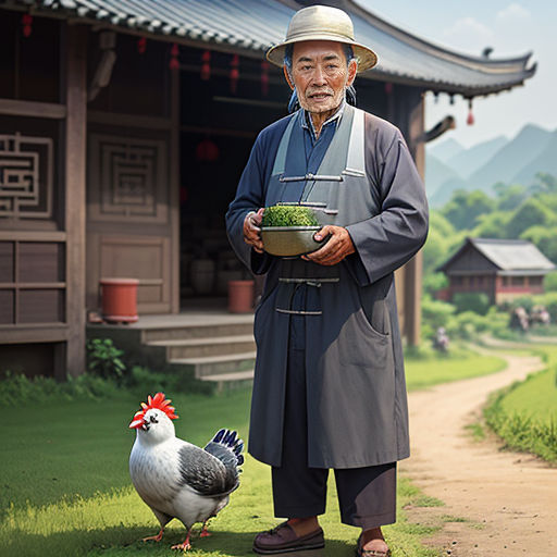 a man holding a bowl of food next to a chicken on a path in front of a building with a pagoda