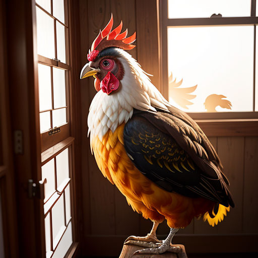 a rooster standing on a wooden block in front of a window with a sun shining through the window panes