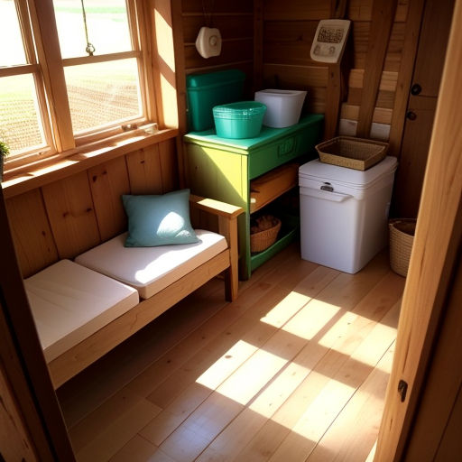 a room with a green table and a green bench and a white chest and a window with a green bin
