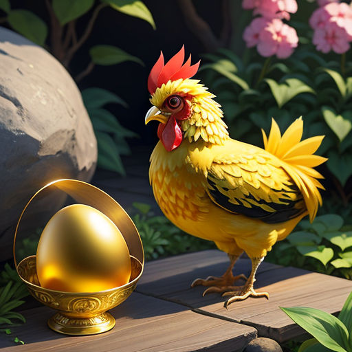 a chicken standing next to an egg on a wooden table in a garden with flowers and rocks in the background