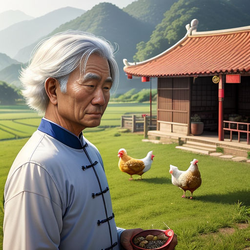 a man standing in a field with chickens and a building in the background with mountains in the background and a red roof