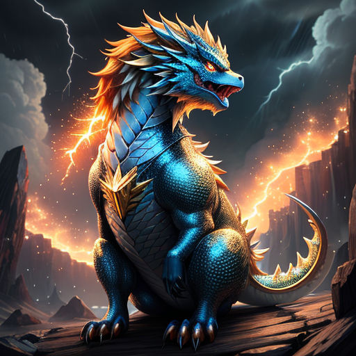 a blue dragon sitting on a rock in the middle of a storm filled sky with lightning behind it and a lightning bolt in the sky