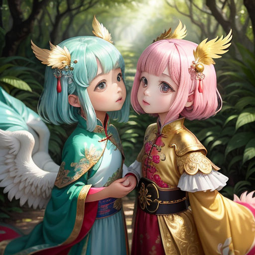 two anime girls standing next to each other in a forest with trees and bushes behind them, one of them is wearing a blue and gold dress