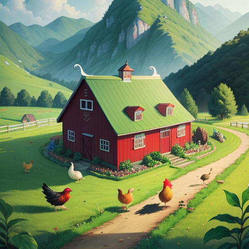 a painting of a farm with chickens and a barn in the background with mountains and a road leading to it