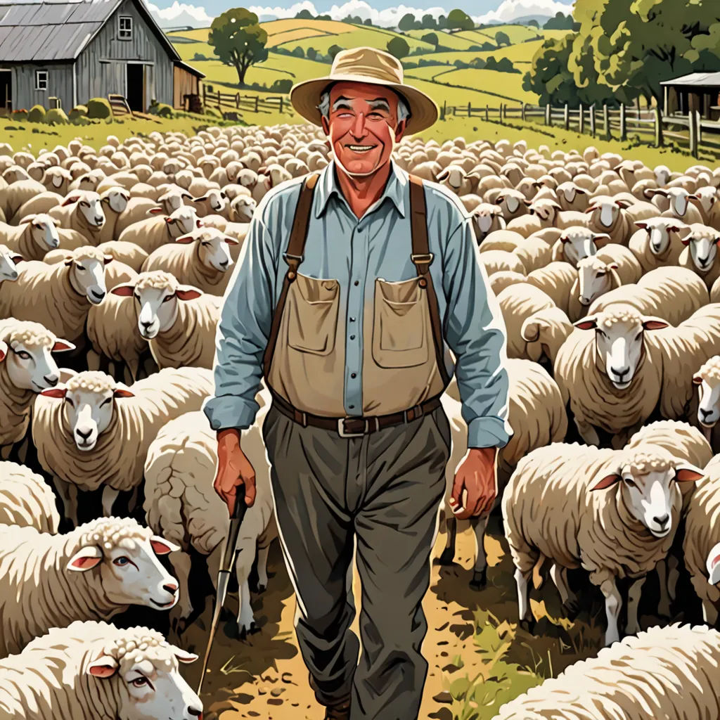 a man in a hat and overalls is walking among a herd of sheep in a field with a barn, american scene painting, a storybook illustration, F Scott Hess, official art