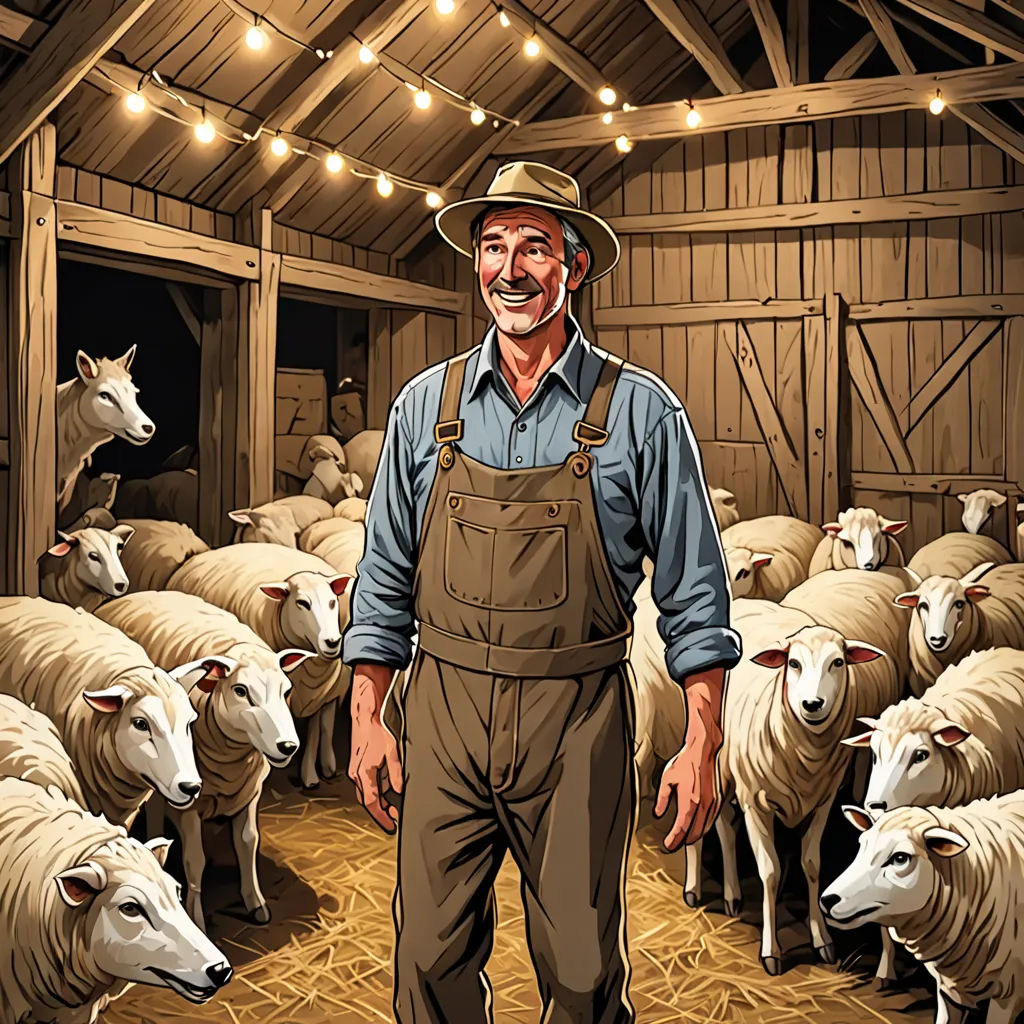 a man standing in front of a herd of sheep in a barn with lights on the ceiling and a ceiling fan, context art, a storybook illustration, Brian Bolland, comic cover art