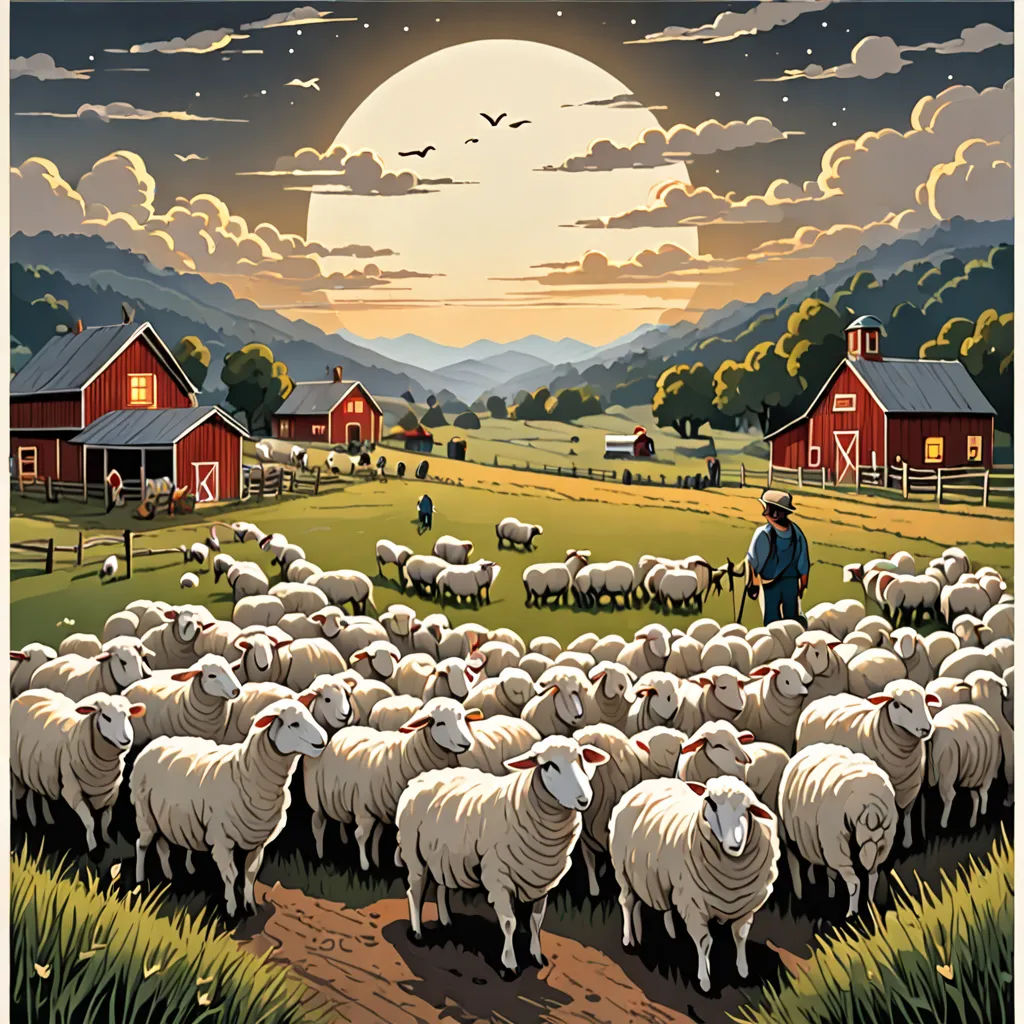 a painting of a man herding sheep in a field with a barn and a full moon in the background, american scene painting, poster art, Dan Mumford, poster