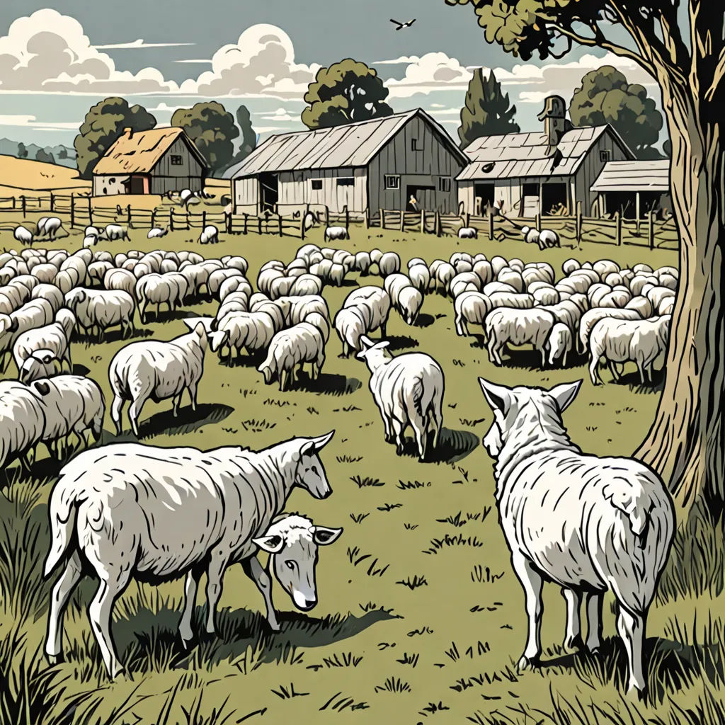 a herd of sheep grazing in a field next to a barn and trees with a sky background and a barn in the distance, les automatistes, a comic book panel, Asaf Hanuka, comic cover art