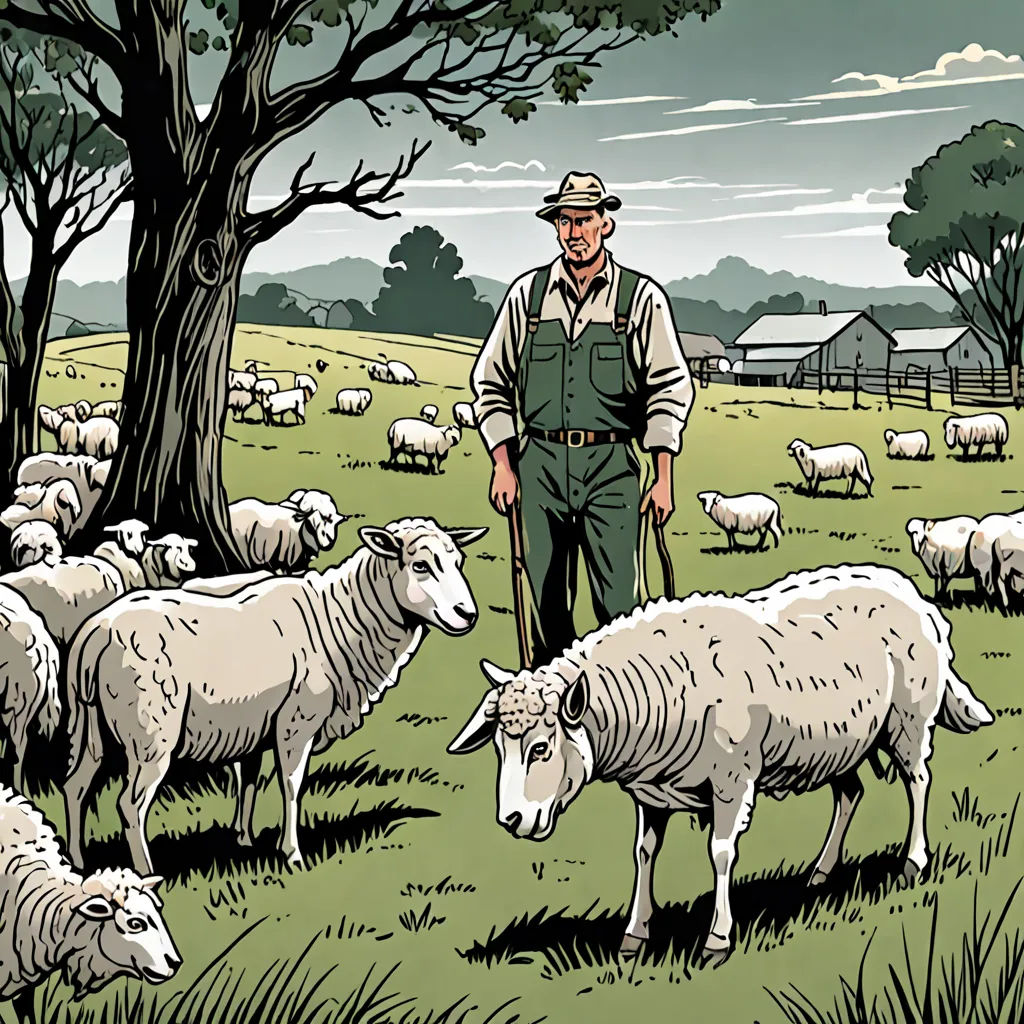 a man standing in a field with a herd of sheep behind him and a tree in the background with a barn in the background, synthetism, a comic book panel, Asaf Hanuka, graphic novel