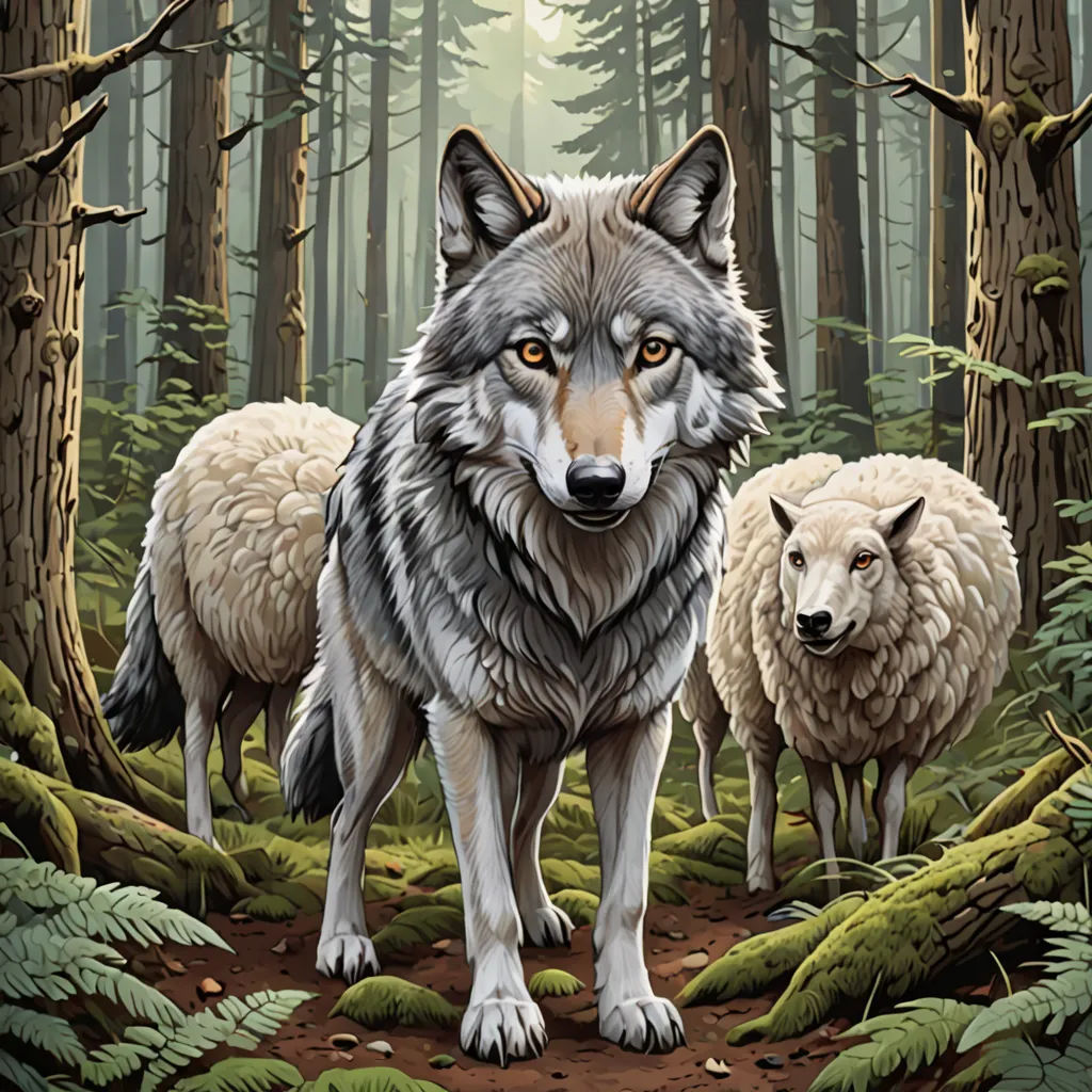 a painting of two wolfs in a forest with ferns and trees in the background, with a third wolf standing in the foreground, institutional critique, a storybook illustration, Dan Mumford, detailed illustration