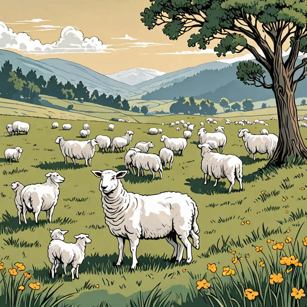 a herd of sheep grazing in a field with a tree in the background and mountains in the background, with yellow flowers in the foreground, les automatistes, a storybook illustration, Asaf Hanuka, promotional image