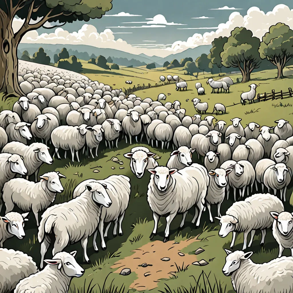 a herd of sheep standing on top of a lush green field next to a forest filled with trees and a dirt road, institutional critique, an illustration of, Art Spiegelman, pj crook