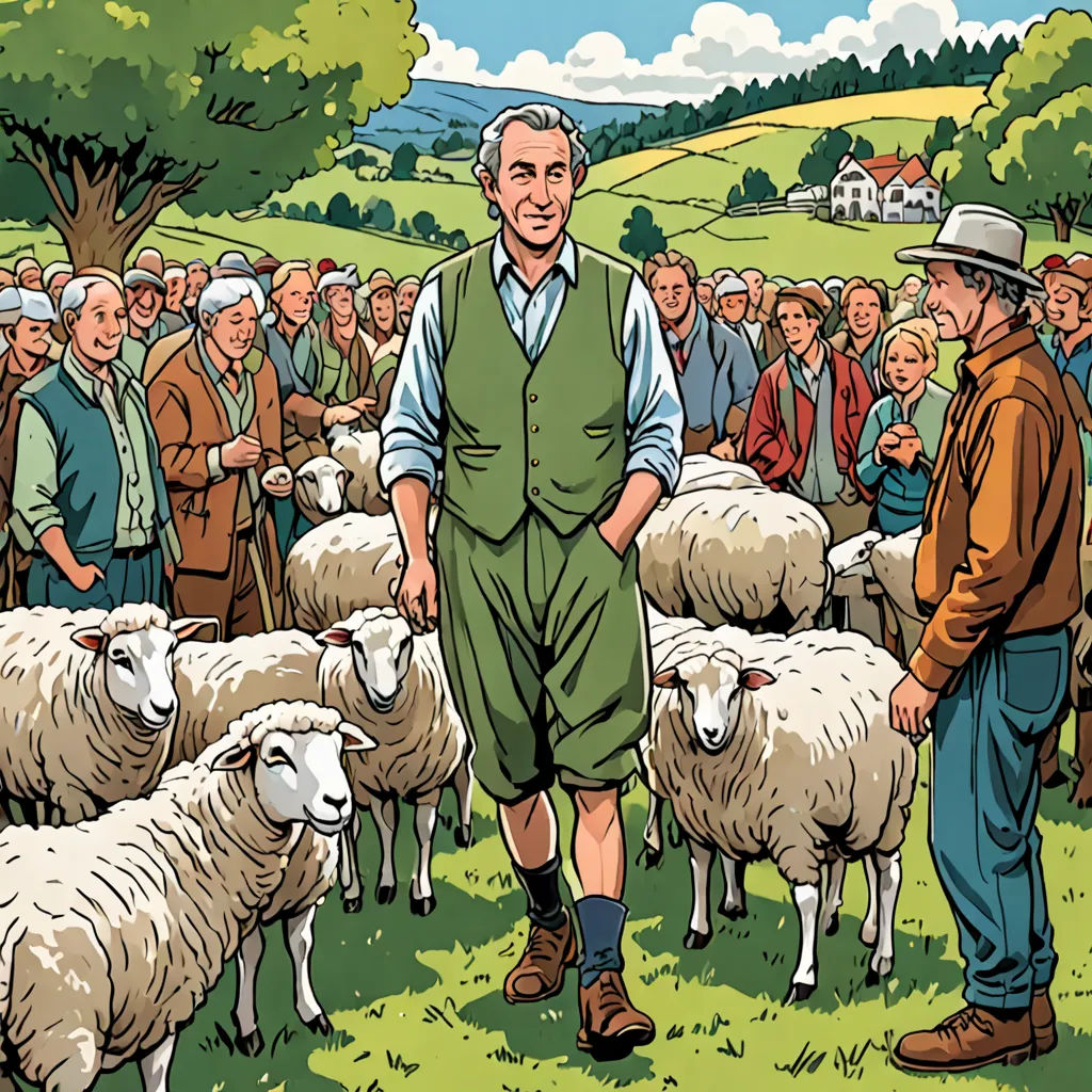 a man standing in front of a herd of sheep in a field with a group of people behind him, les automatistes, a storybook illustration, Clovis Trouille, graphic novel