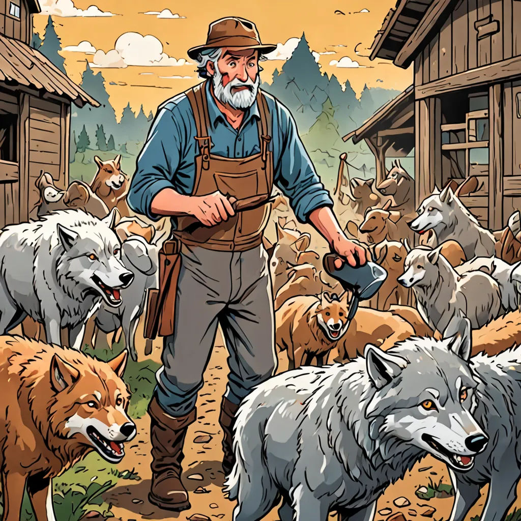 a man with a hammer in front of a herd of animals in a village with a dog and a man with a hat, furry art, a storybook illustration, Dan Mumford, western comic book art