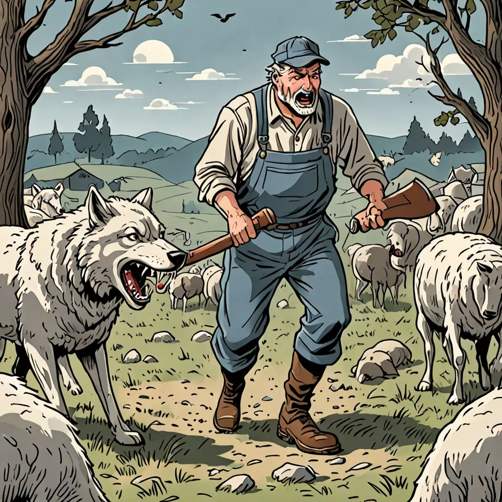a man with a hammer is herding sheep in a field with trees and a dog on the other side, les automatistes, a storybook illustration, Art Spiegelman, storybook illustration