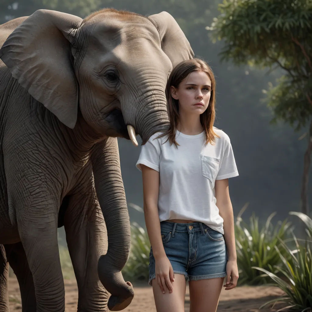 a girl standing next to an elephant in a field of grass and trees, with a tree in the background, sumatraism, a character portrait, Daniel Lieske, promotional image