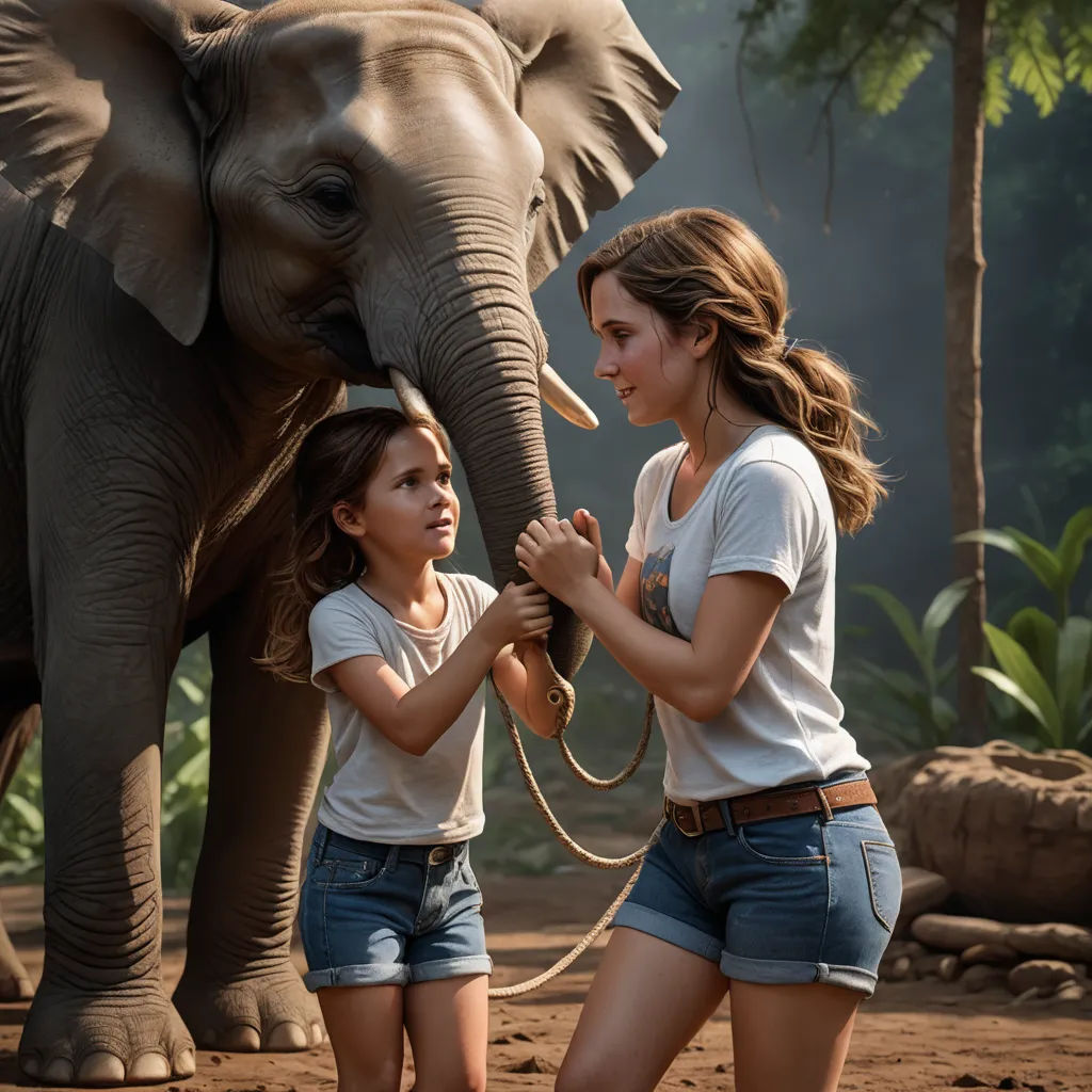 two girls are touching an elephant's trunk with its trunk and trunk, while another girl is holding the trunk of the elephant, magical realism, a detailed matte painting, Cliff Childs, promotional image