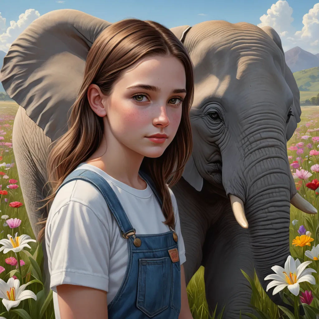a girl standing in a field with an elephant in the background and flowers in the foreground, and a mountain in the background, fantastic realism, a hyperrealistic painting, Brad Kunkle, highly detailed digital painting