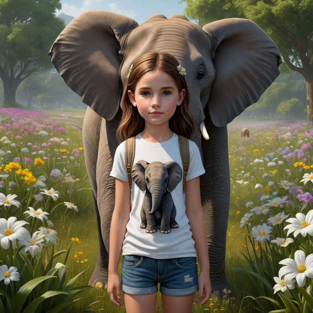 a girl standing in front of an elephant in a field of flowers and daisies with a t - shirt on, photorealism, a hyperrealistic painting, Chris LaBrooy, highly detailed digital painting