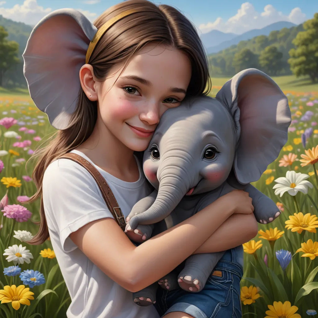 a girl hugging an elephant in a field of flowers and daisies with a mountain in the background and a blue sky, photorealism, a photorealistic painting, Eddie Mendoza, highly detailed digital painting