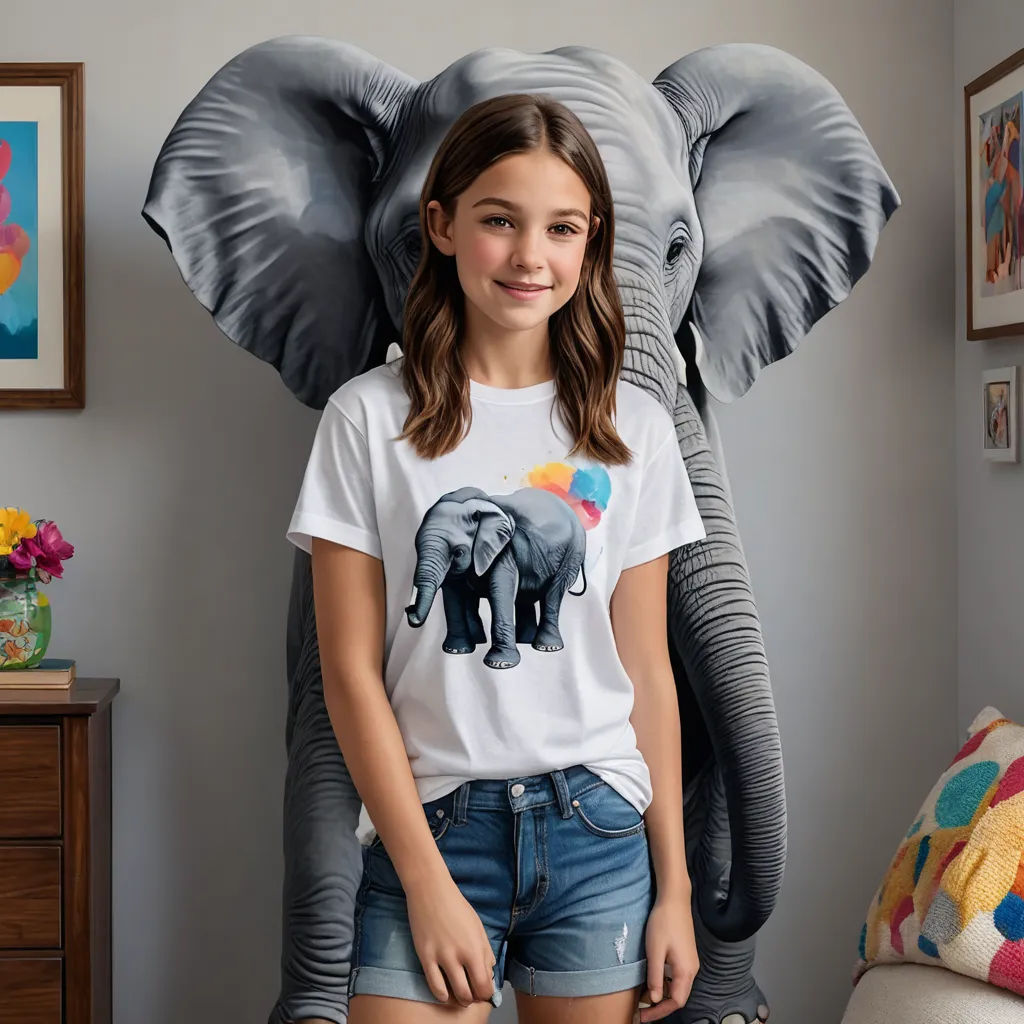 a girl standing in front of an elephant statue wearing a t - shirt with an elephant on it's chest, naive art, a storybook illustration, Annabel Kidston, promotional image