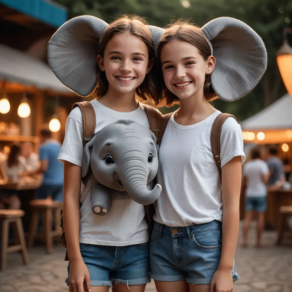 two girls are standing next to each other with an elephant on their back and a large elephant on their shoulders, incoherents, a stock photo, Daniel Lieske, portrait photography