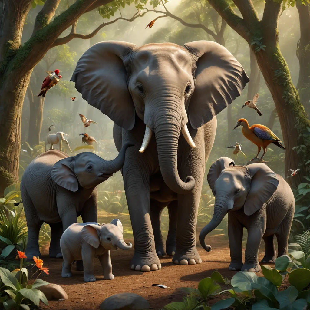 a group of elephants standing in a forest with birds flying around them and a bird on the back of the elephant, sumatraism, a detailed matte painting, Chris LaBrooy, highly detailed digital painting
