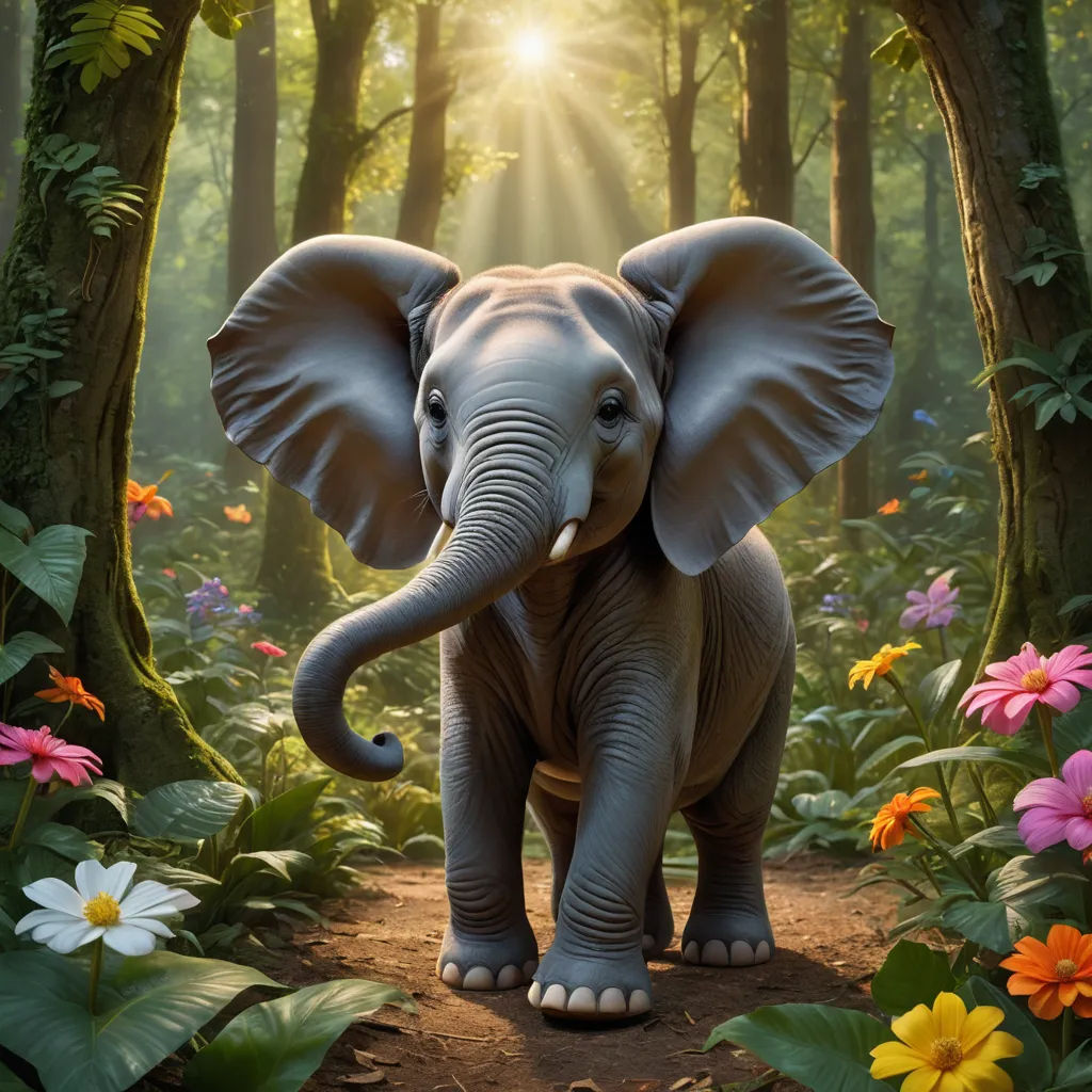 an elephant is standing in the middle of a forest with flowers and trees around it and the sun shining through the trees, magical realism, a 3D render, Chris LaBrooy, highly detailed digital painting
