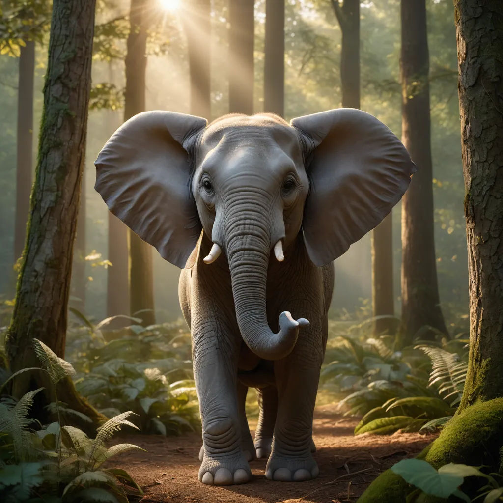 an elephant walking through a forest with trees and ferns on the ground and sunlight shining through the trees and leaves, magical realism, a 3D render, Chris LaBrooy, ultra realistic digital art