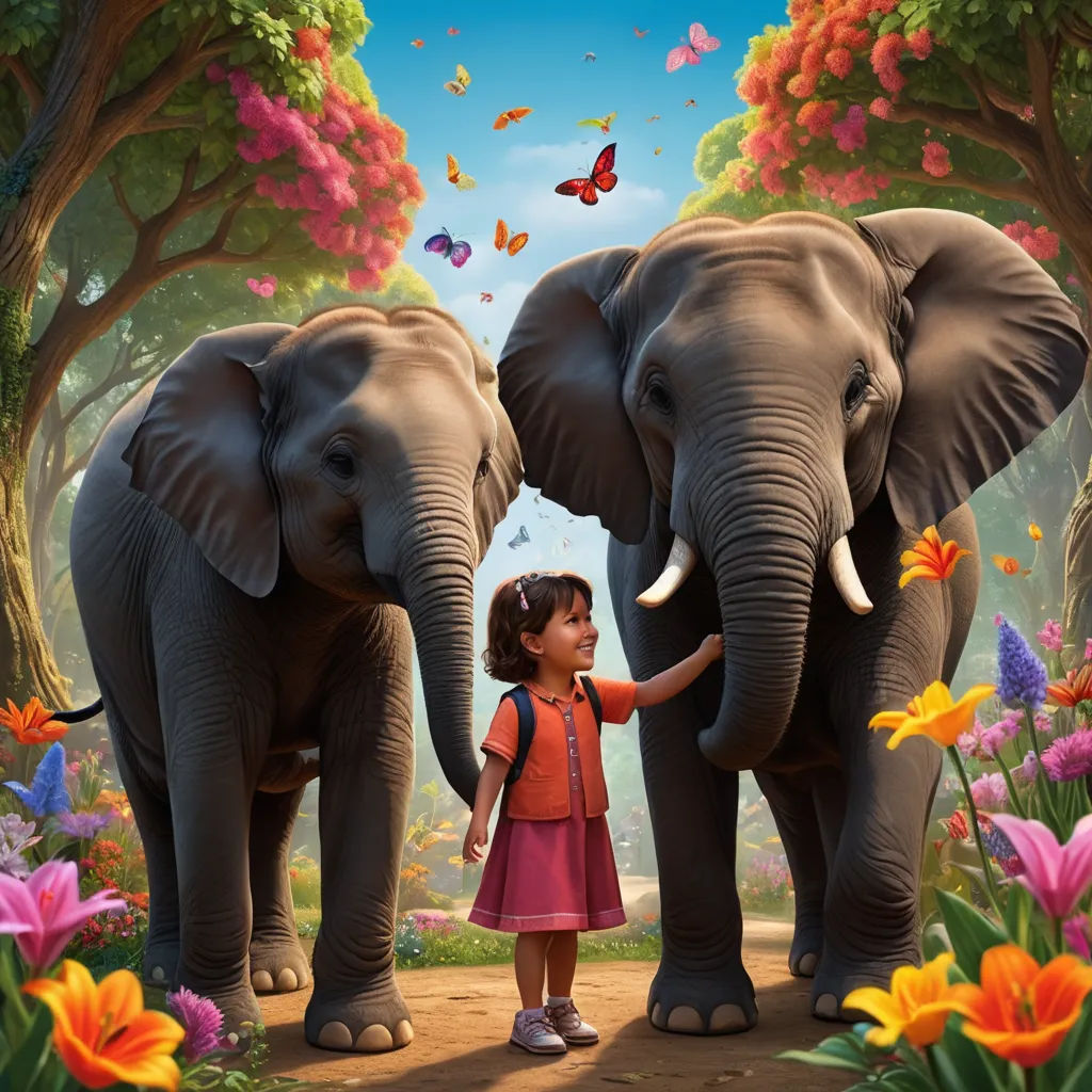 a little girl standing next to two elephants in a forest with butterflies flying above her and a butterfly flying above her head, magical realism, a storybook illustration, Chris LaBrooy, promotional image
