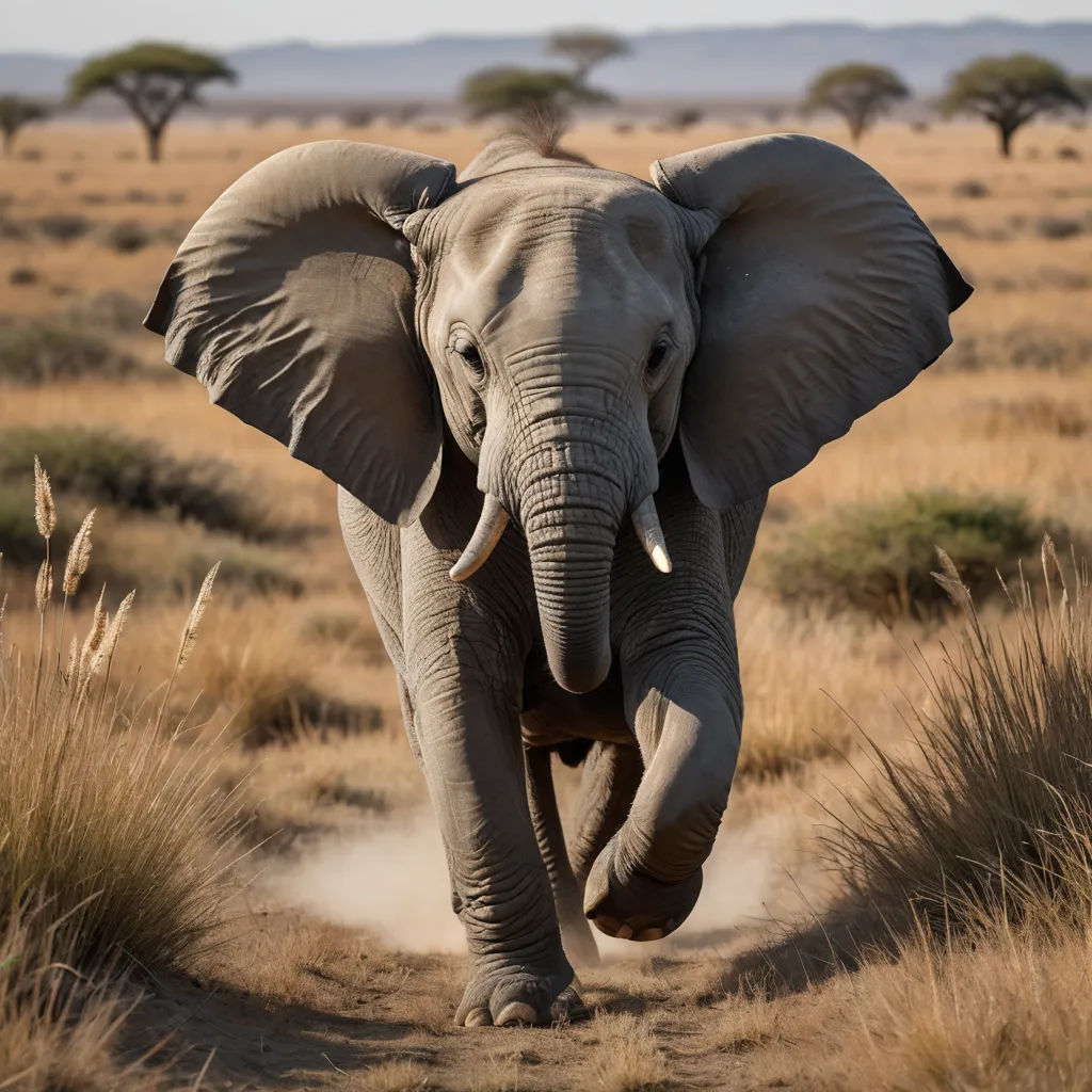 an elephant walking through a dry grass field with trees in the background and a dust trail in the foreground, sumatraism, a photorealistic painting, Amédée Ozenfant, wildlife photography