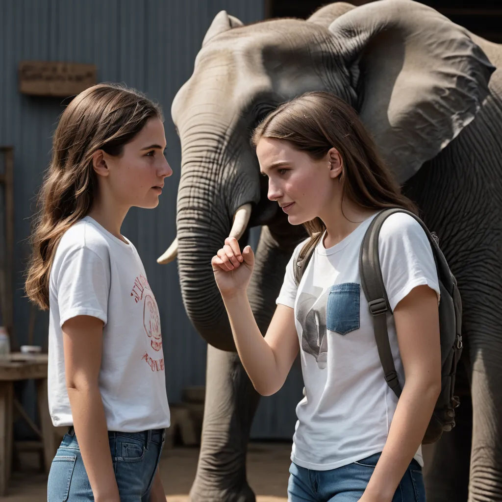 two girls standing next to an elephant with a stick in its mouth and a small elephant behind them with a person standing next to it, tachisme, a poster, Ella Guru, promotional image