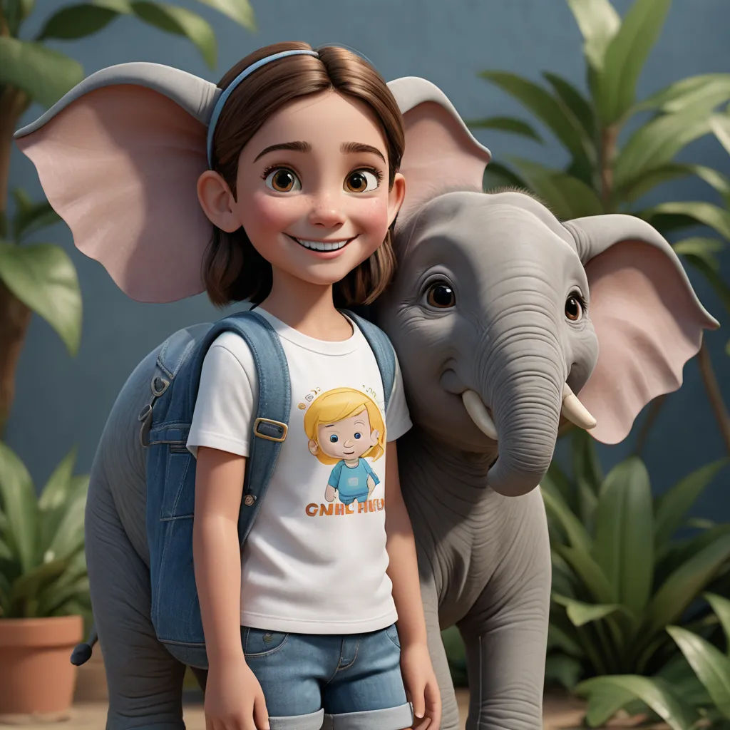 a cartoon girl is standing next to an elephant and smiling at the camera with a smile on her face, photorealism, an ambient occlusion render, Cliff Childs, cgstudio