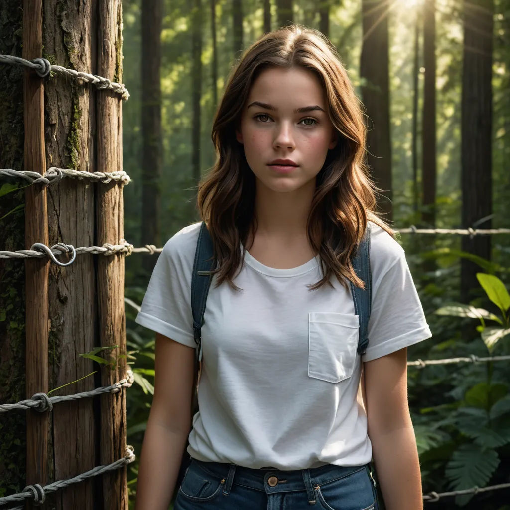 a woman standing in front of a forest with a forest background and a chain link fence with a tree trunk, vancouver school, a character portrait, Claire Falkenstein, anamorphic lens flare